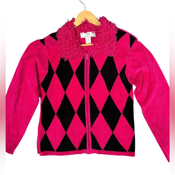 Lisa International Zip Sweater Womens Pink Black Diamond Chenille Frilly 90s Y2K - Picture 5 of 7